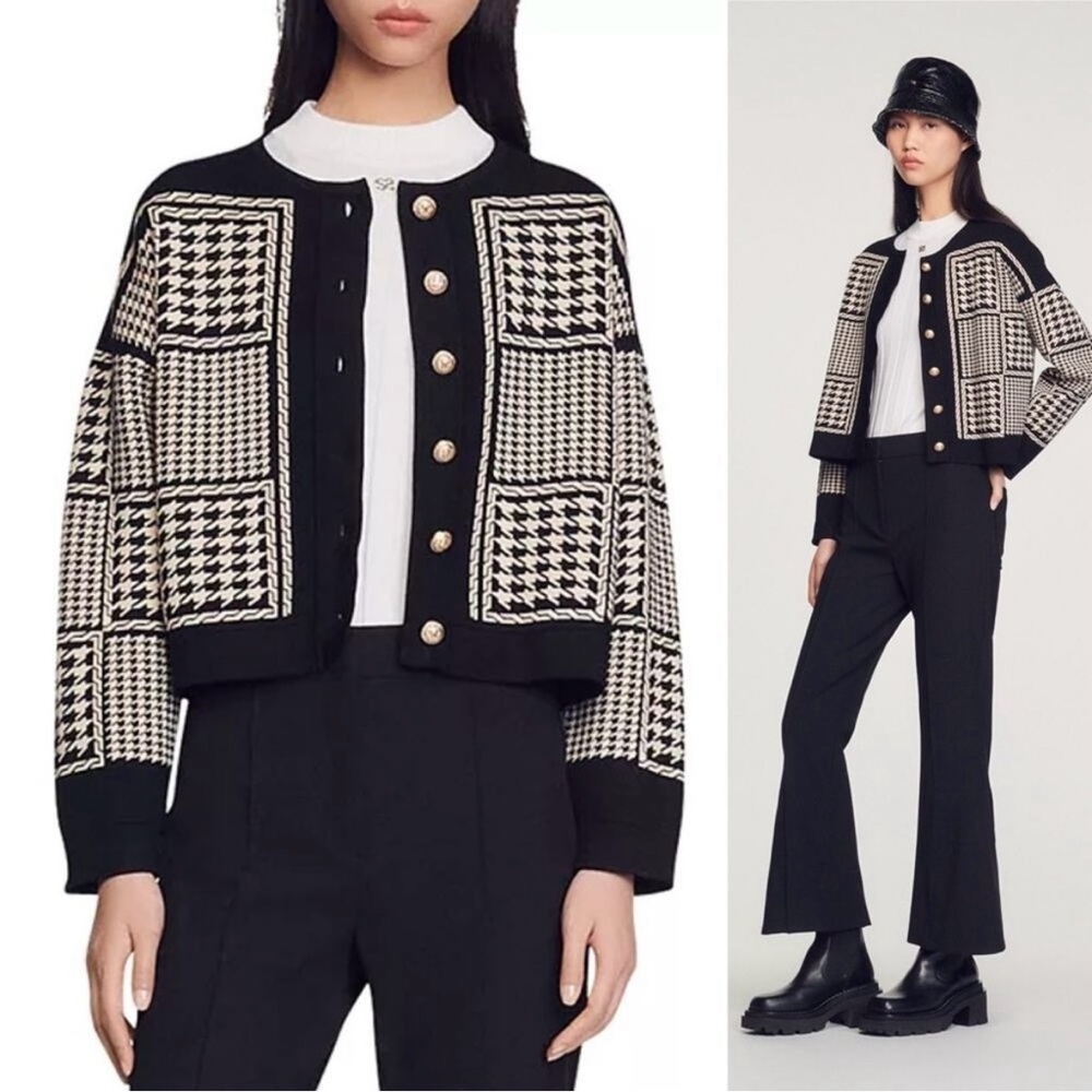 Sandro Jules Houndstooth Cropped Cardigan Black & Cream Size Large - Picture 13 of 13